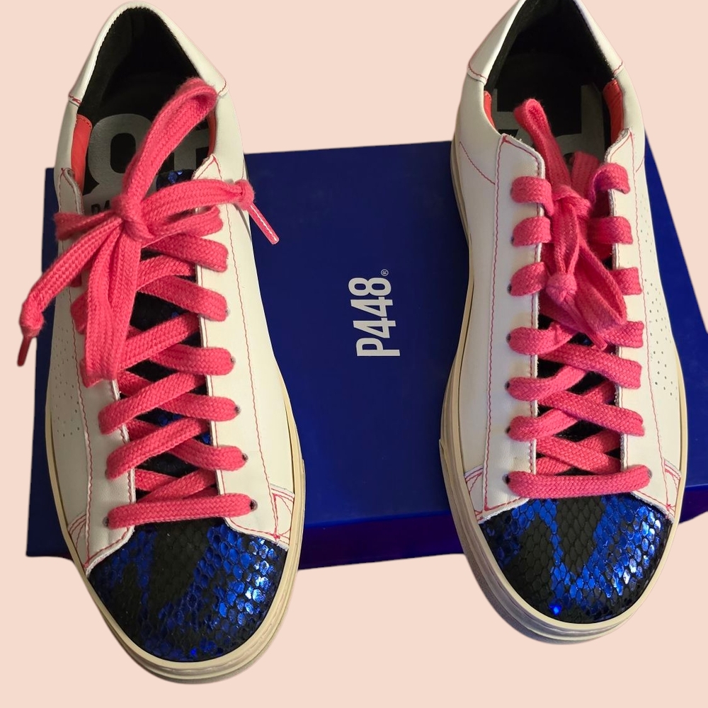 LUXURU SNEAKERS P448 Women's White and Blue Sneakers with Pink Laces NEW